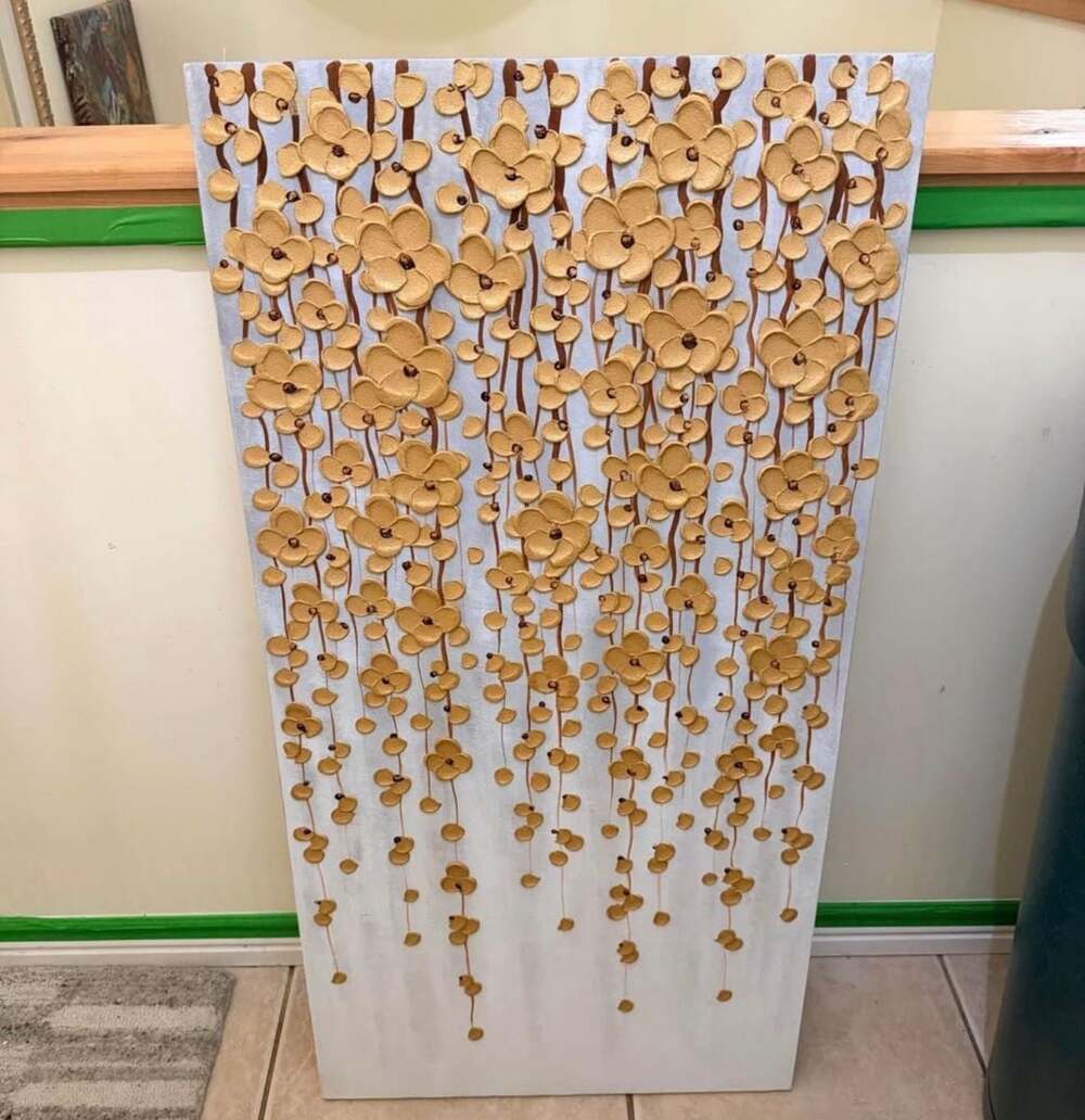 New. Hand-Painted 3D Textured 24”x48” Abstract Gold Floral Canvas Wall Art